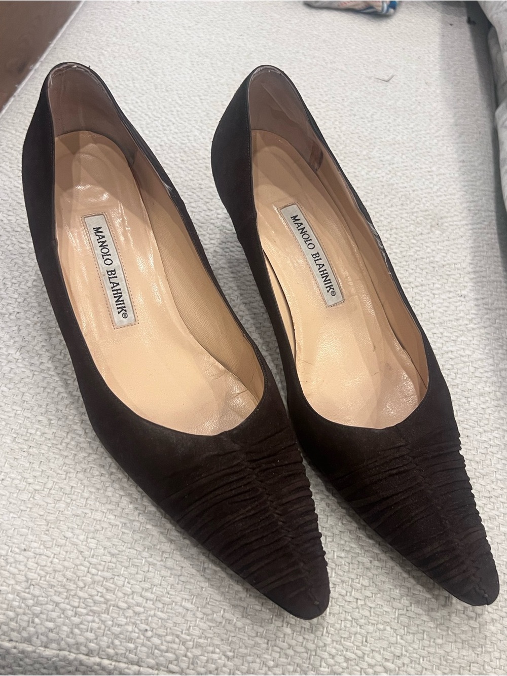 Manolo Blahnik Dark Brown Suede Pointed Toe Pumps